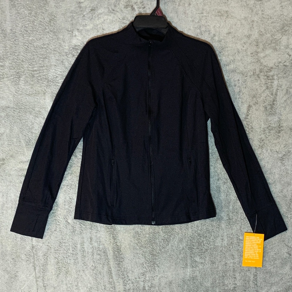 Avia Womens L 12 14 Black Full Zip Stretch Athletic Jacket Thumbholes NWT